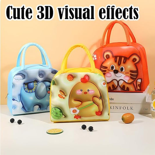 Three colorful children's lunch bags with cute designs on a light background.