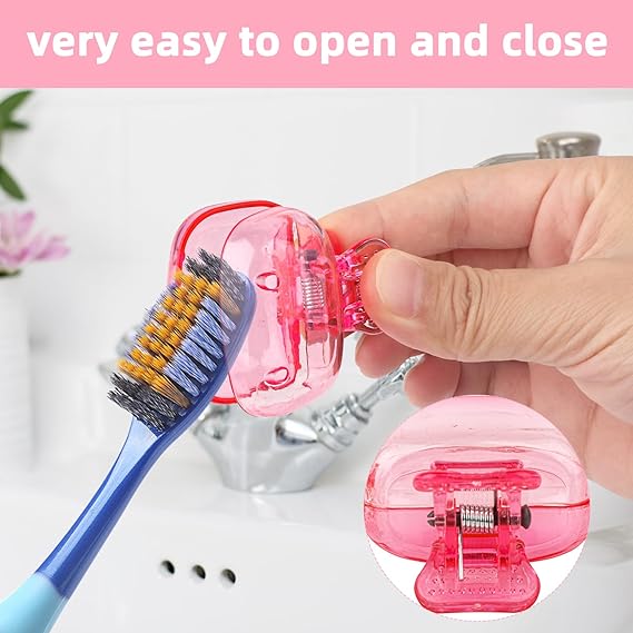 Hand holding a pink toothbrush holder with a blue toothbrush, text 'very easy to open and close' on a pink background.