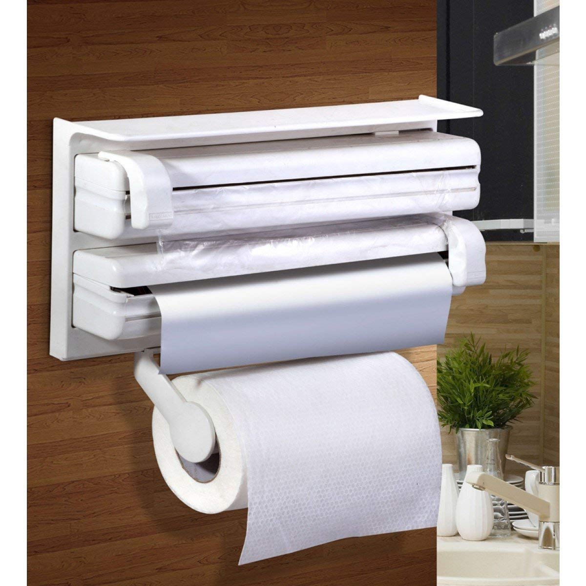 3 in 1 Plastic Kitchen Shelf Triple Paper Dispenser Organizer
