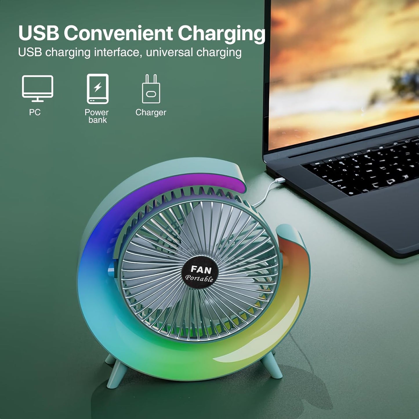 USB Rechargeable RGB Desktop Fan – Silent & Colorful