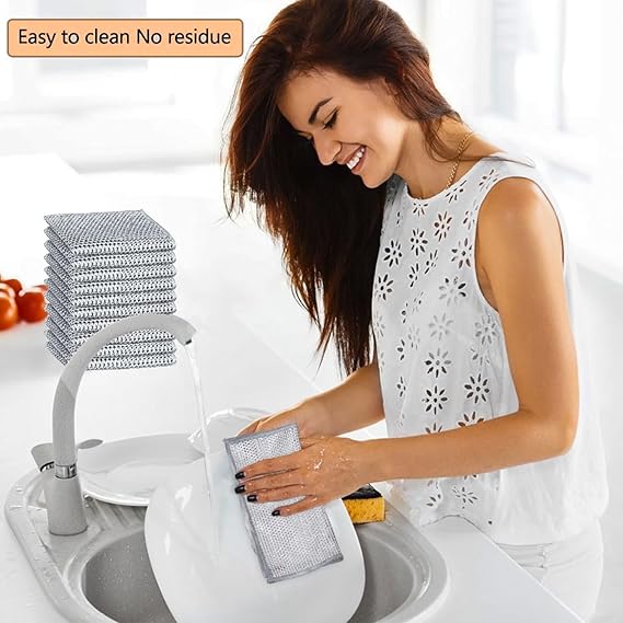 Woman cleaning a sink with reusable cloths, text 'Easy to clean No residue' above.