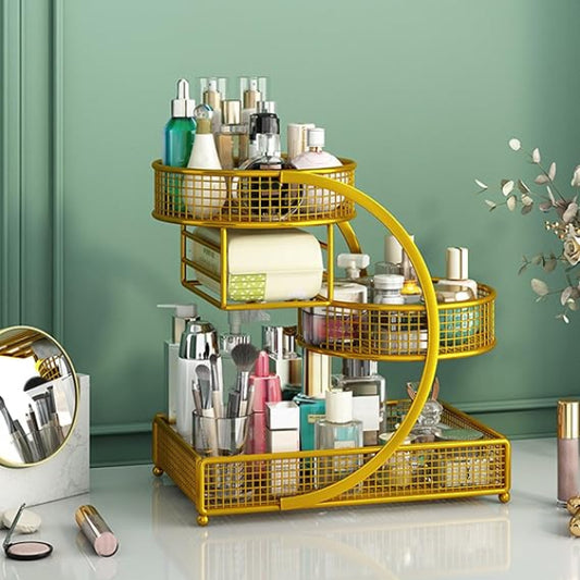 Yellow metal spiral organizer with cosmetic products against a green wall