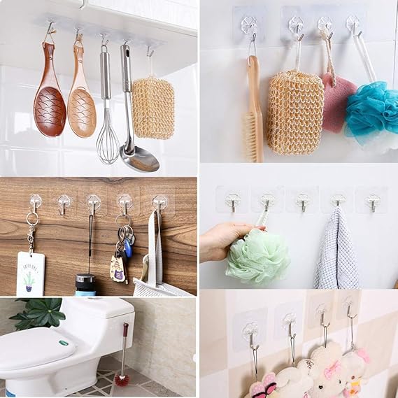 Collage of hooks used in various settings including kitchen, bathroom, and living room.