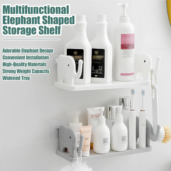 Multifunctional elephant-shaped storage shelf with various bathroom products on a white wall.