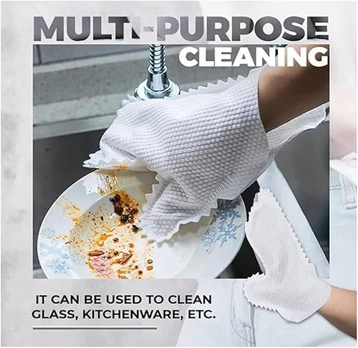 Person cleaning a dish with a multi-purpose cleaning cloth, text indicating its use for various cleaning tasks.