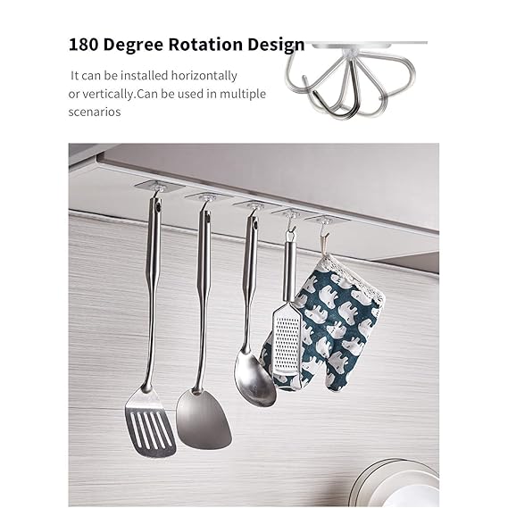 Ceiling-mounted kitchen utensil holder with hanging utensils and a towel on a neutral background.
