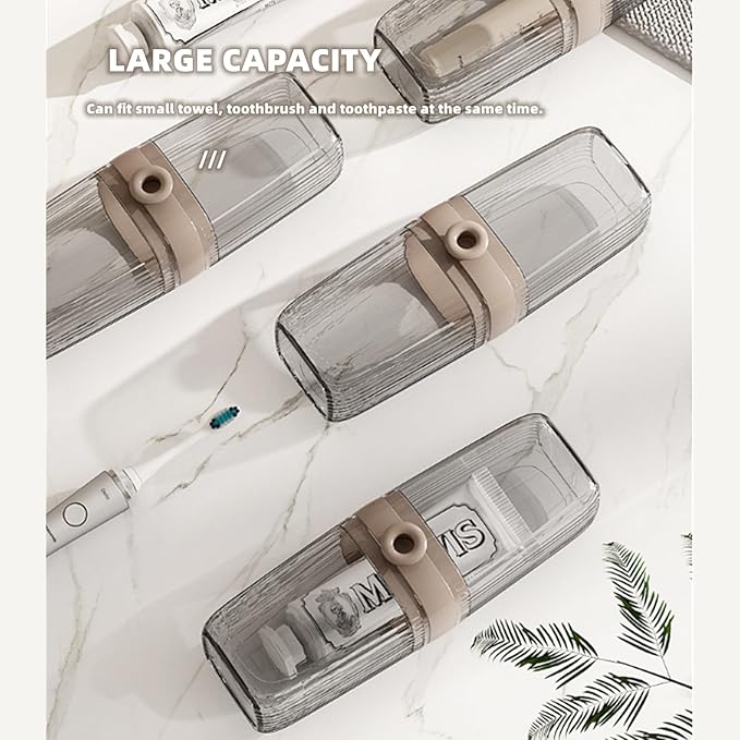 Clear containers with beige straps on a white marble background, labeled 'LARGE CAPACITY'.