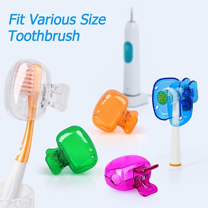 Colorful toothbrush holders with various size toothbrushes on a light blue background