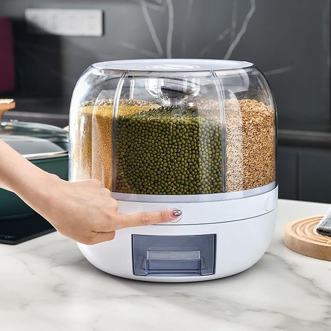 6-Grid Rotating Cereal Dispenser – Round Rice & Grain Organizer