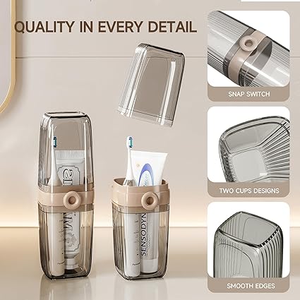 Clear bathroom accessory with beige accents, featuring text highlighting features.