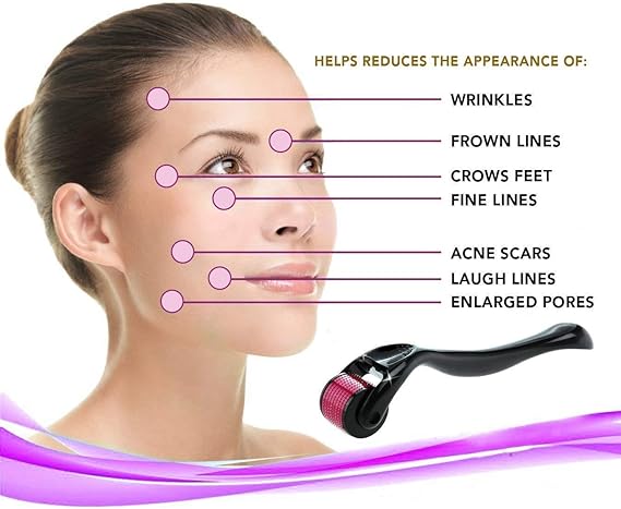Facial roller device with benefits listed on a woman's face