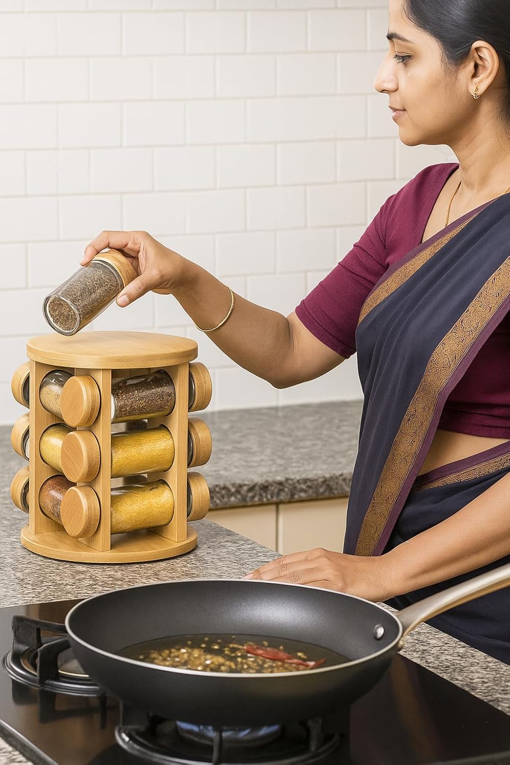 Wooden Spice Jar Organizer with 12 Glass Jars | 360° Rotating Masala Rack for Modular Kitchen