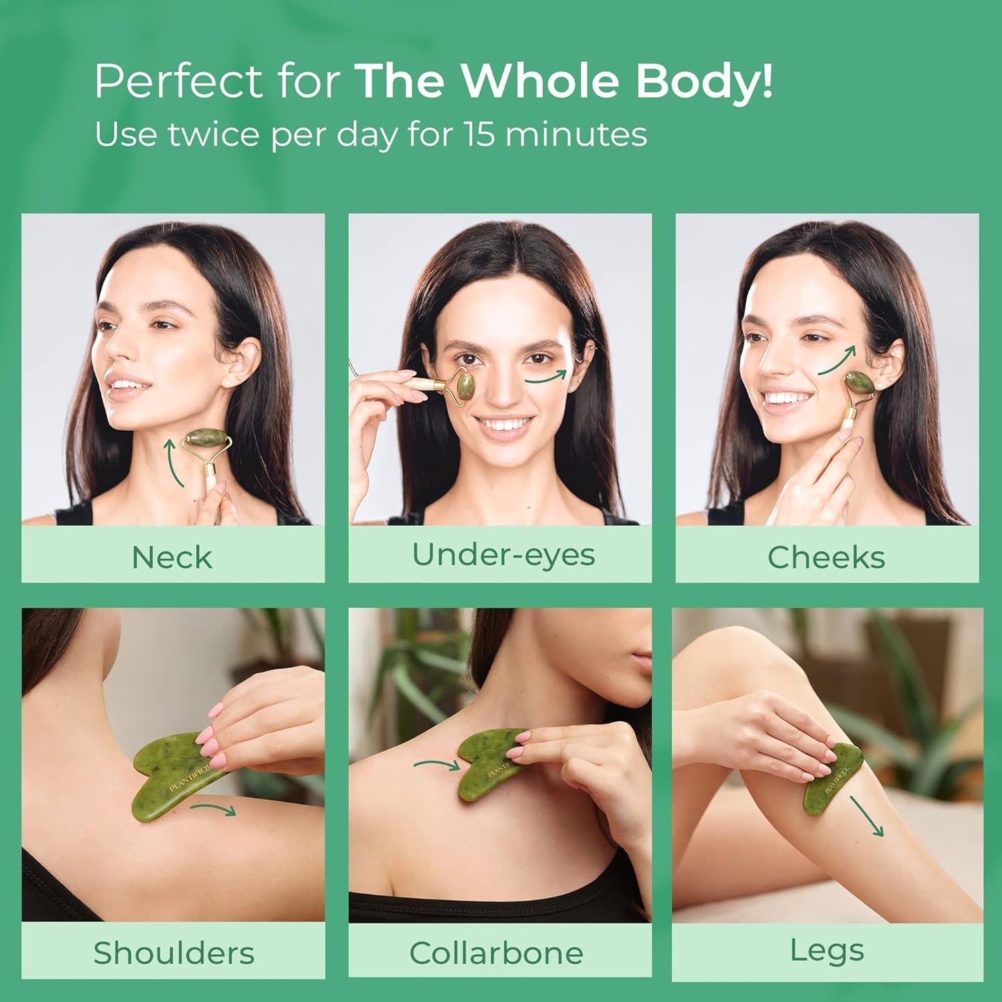 Woman using green patches on various parts of her body with text indicating usage instructions.