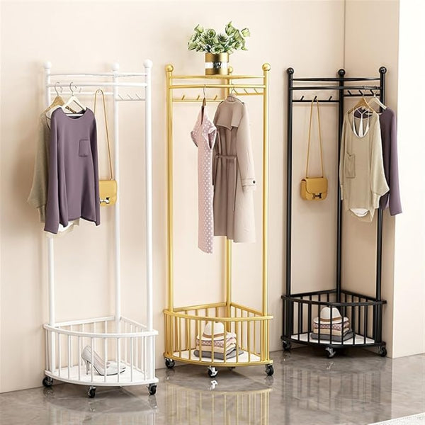 Three different types of coat racks with clothes and bags on a neutral background