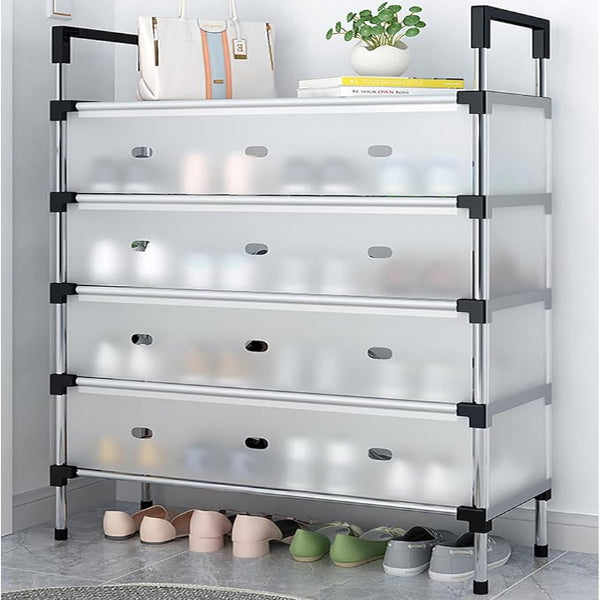 Adjustable metal shoe organizer storage rack with four layers, placed on the floor and holding various shoes in each compartment, with a white cat sitting on top of the rack.