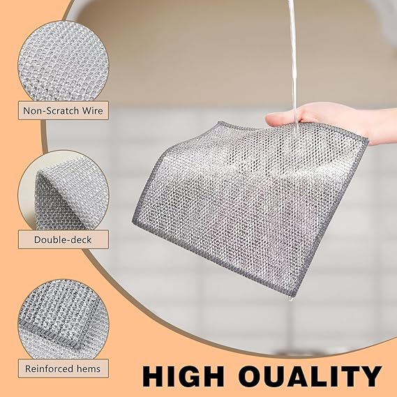 Hand holding a metal mesh filter with features highlighted on an orange background