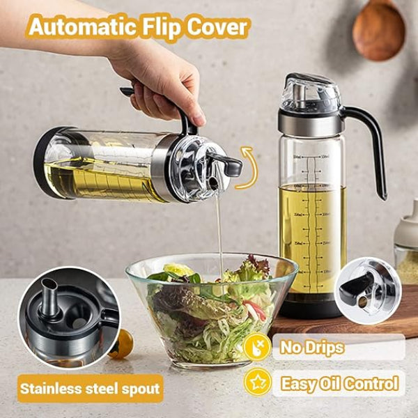 Oil dispenser being used to pour oil onto a salad with text highlighting features like 'Automatic Flip Cover', 'Stainless steel spout', 'No Drips', and 'Easy Oil Control'.