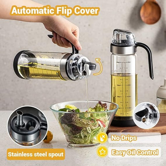 Oil dispenser being used to pour oil onto a salad with text highlighting features like 'Automatic Flip Cover', 'Stainless steel spout', 'No Drips', and 'Easy Oil Control'.