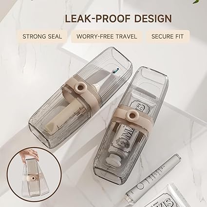 Clear travel container with a beige band, showing leak-proof design features on a light background.