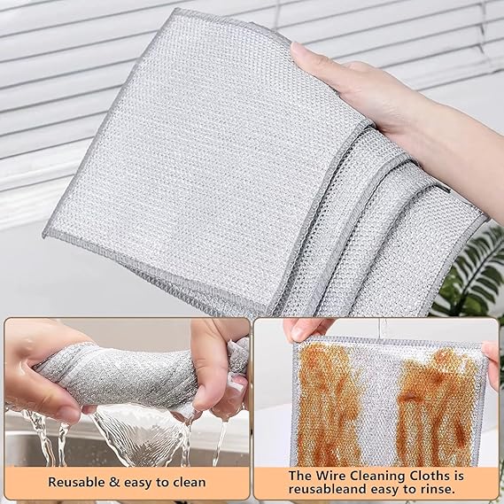 Reusable wire cleaning cloth with text indicating its ease of use and reusability.