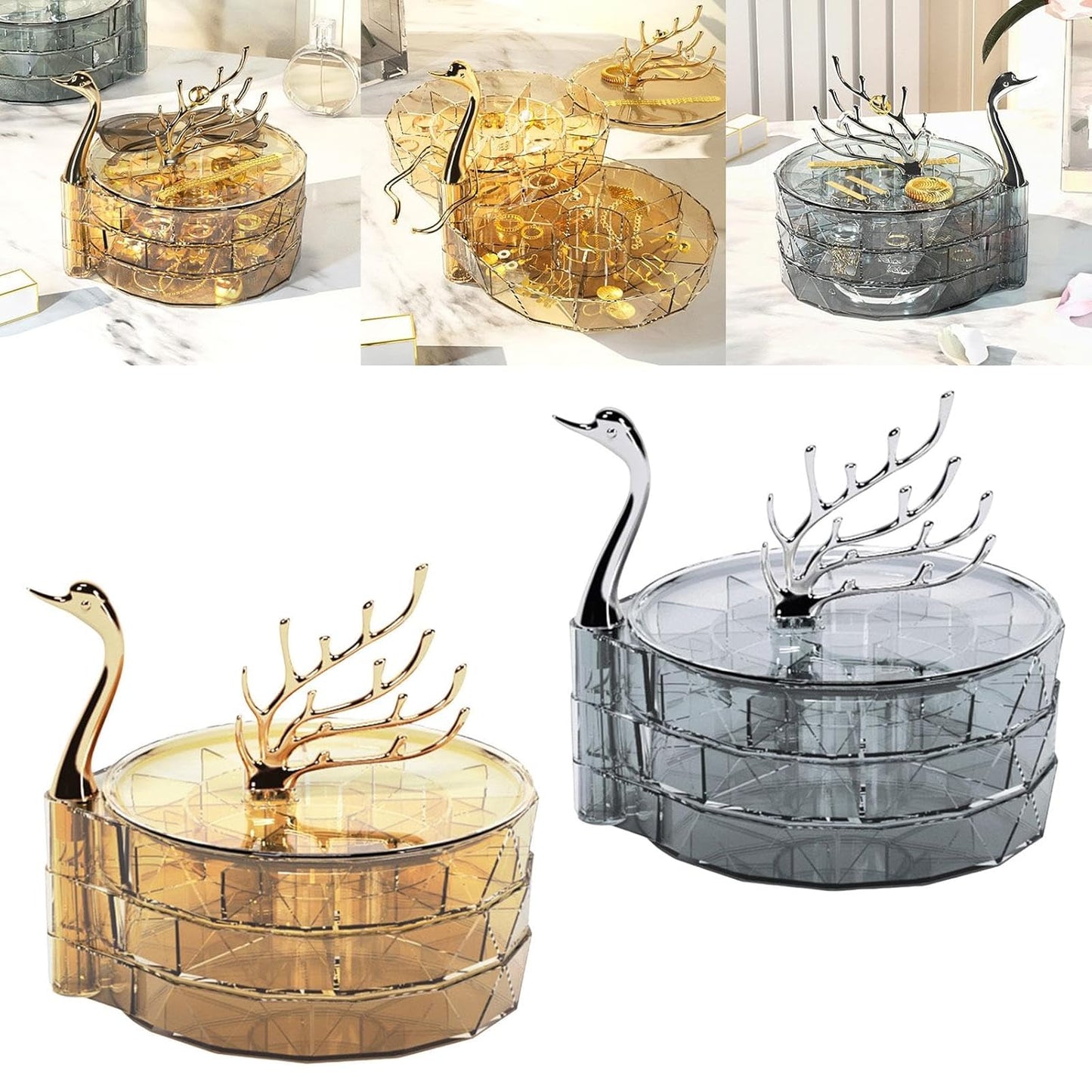 Decorative bowls with swan designs in gold and gray on a white background