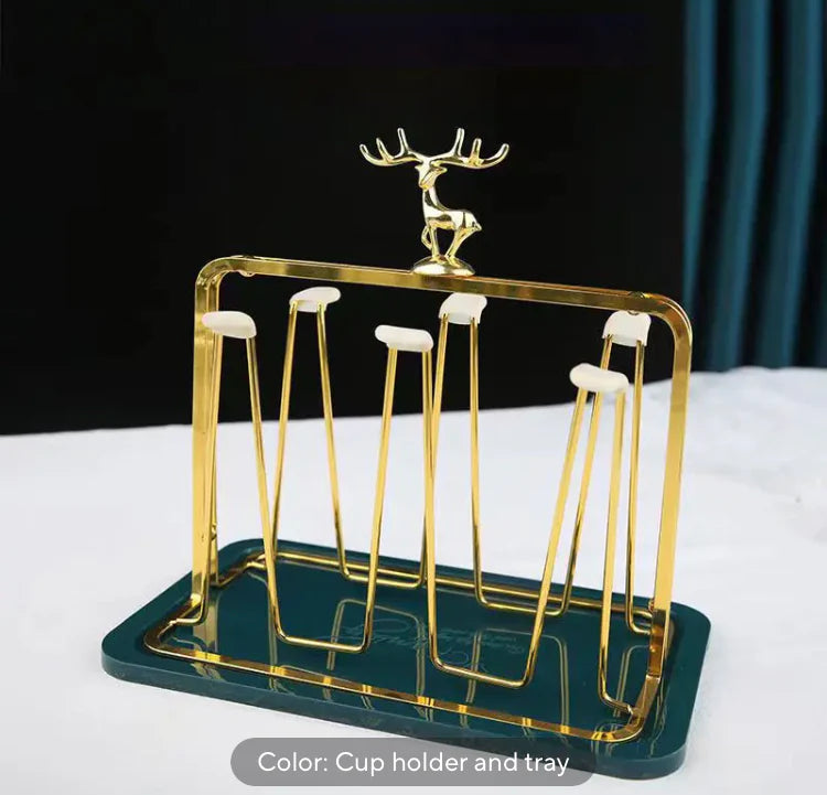 Golden Metal Glass Drying Rack with Drain Tray