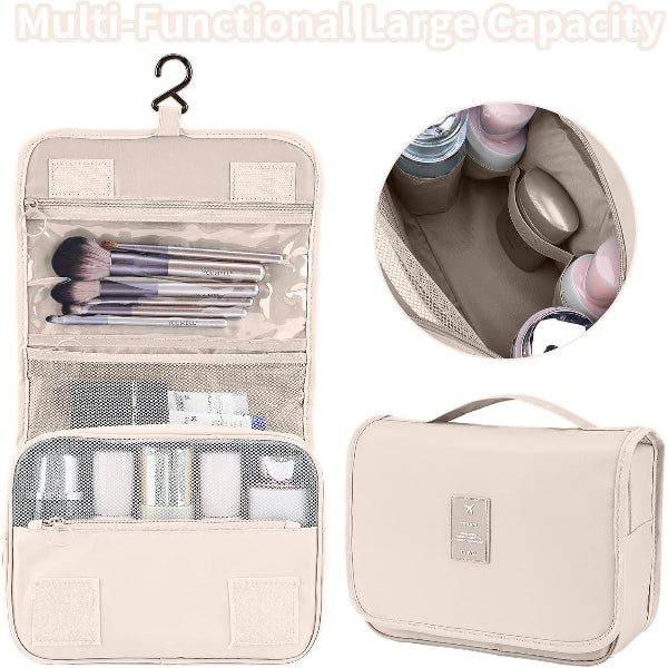 Beige travel makeup organizer with compartments and hanging hook, showing its contents.