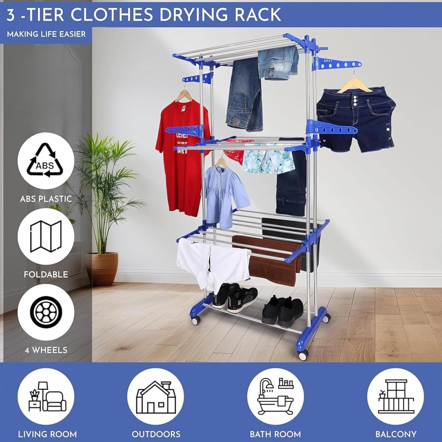 3-Tier Foldable Steel Cloth Drying Stand