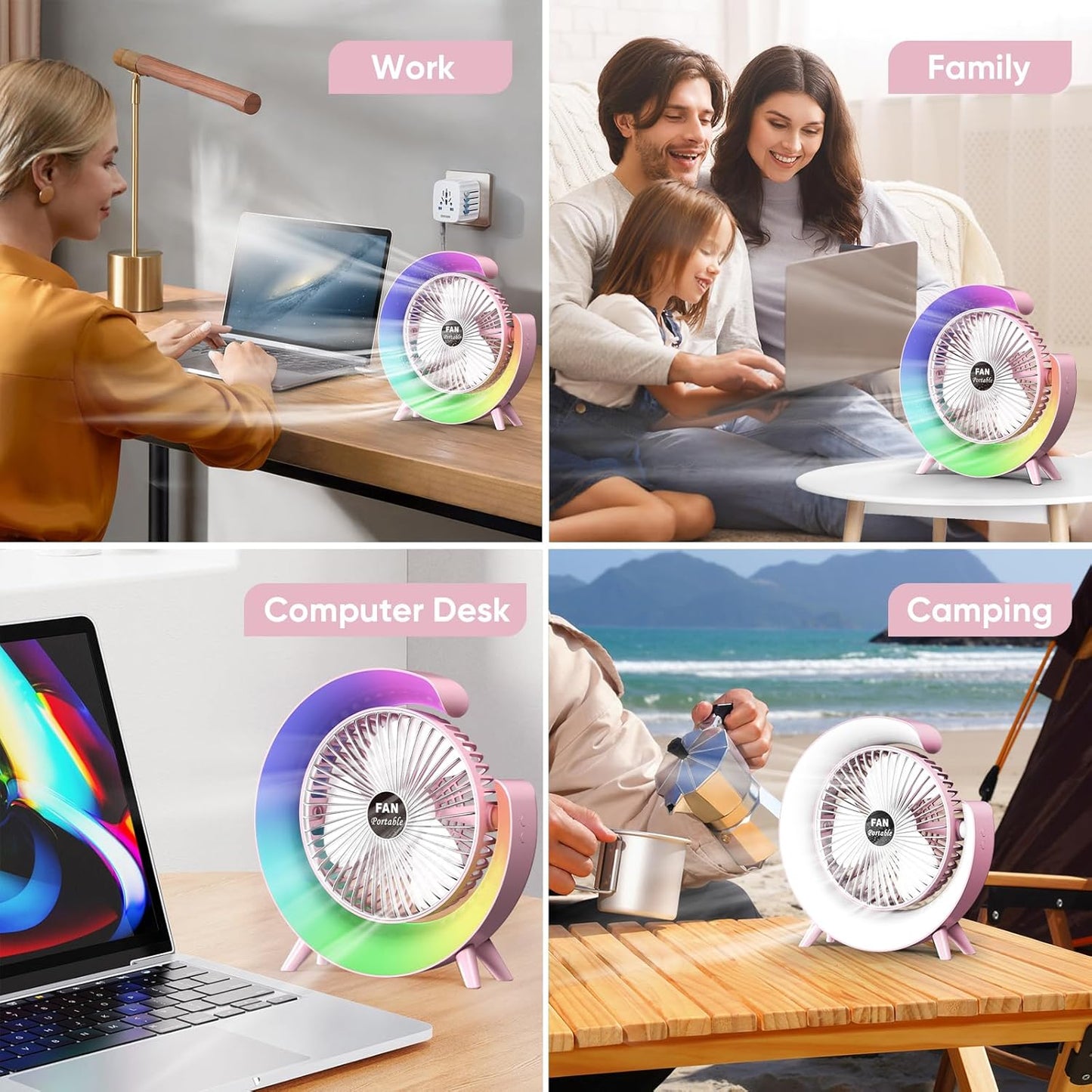 USB Rechargeable RGB Desktop Fan – Silent & Colorful