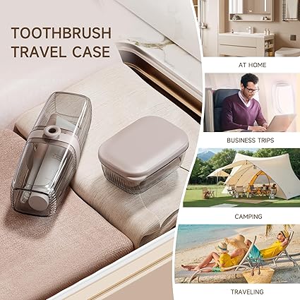 Toothbrush travel case with lifestyle images of use at home, business trips, camping, and traveling.