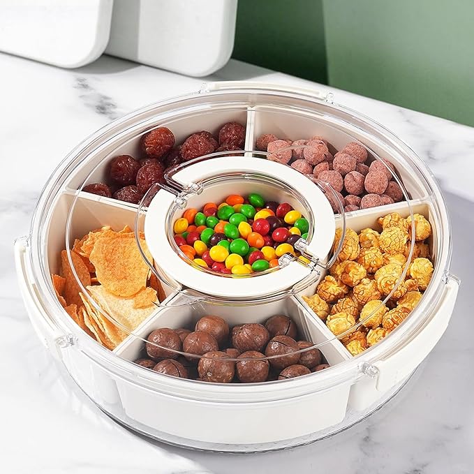 Divided Snack Rotating Tray with Lid & Handle