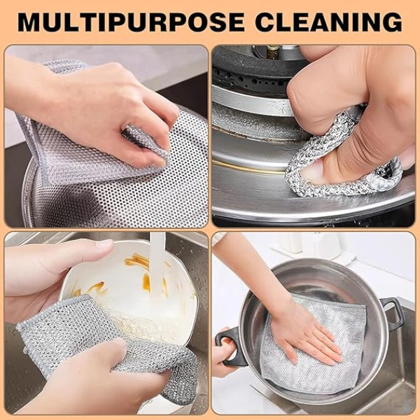 Multifunctional cleaning cloth being used on various kitchen items with text 'Multipurpose Cleaning'.