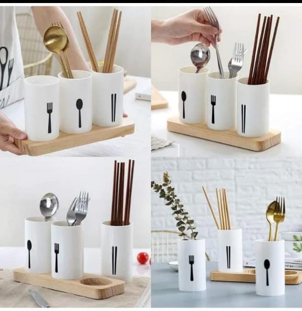 3-Grid Cutlery Holder with Wooden Stand Organizer