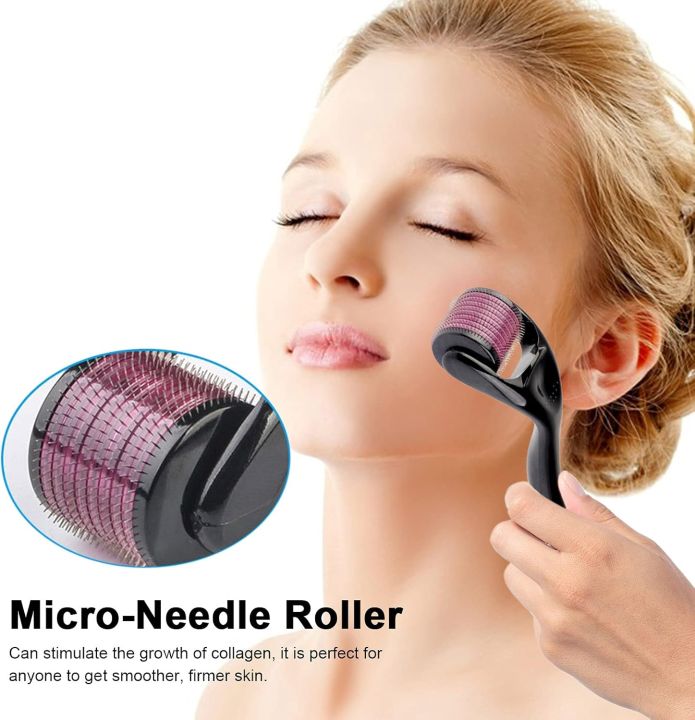 Woman using a micro-needle roller on her face with an inset showing the roller's design.