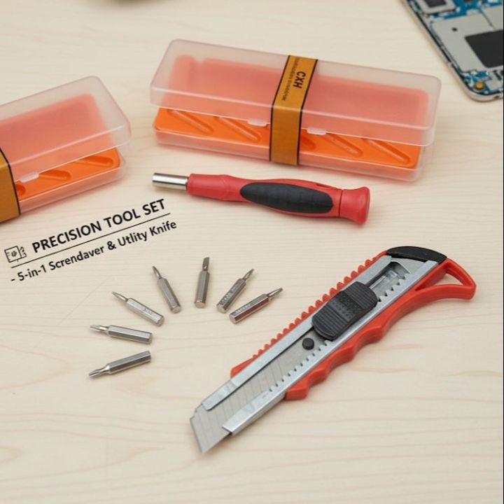 Precision tool set with a knife and attachments on a wooden surface