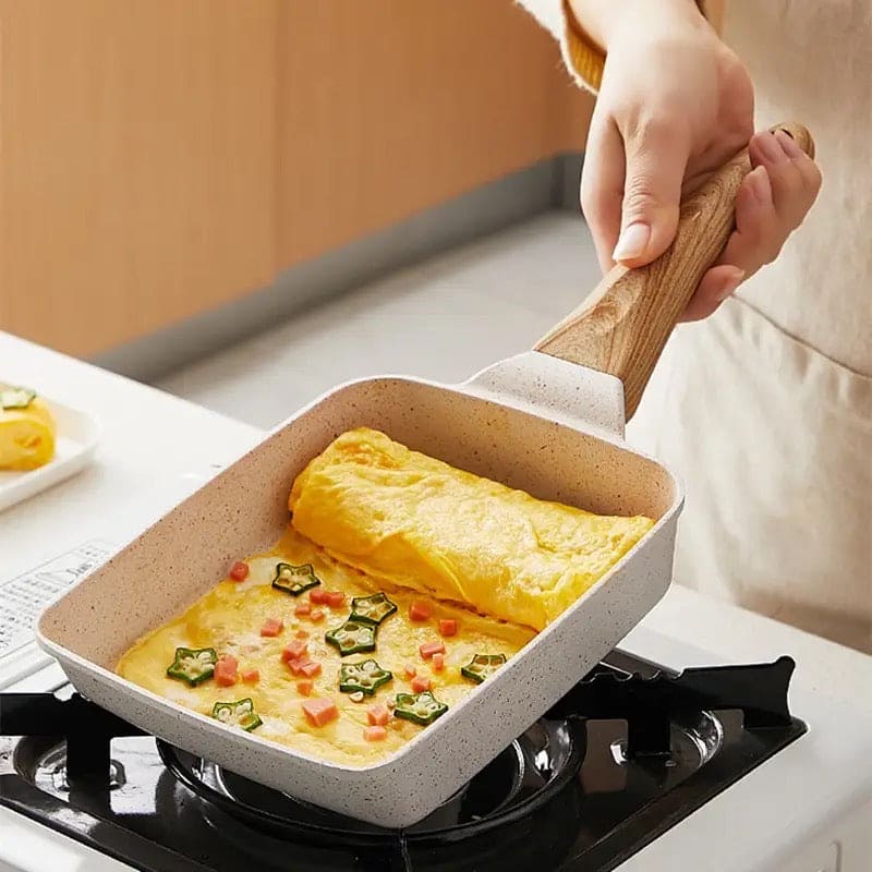 Square Non-Stick Ceramic Frying Pan – Wooden Handle