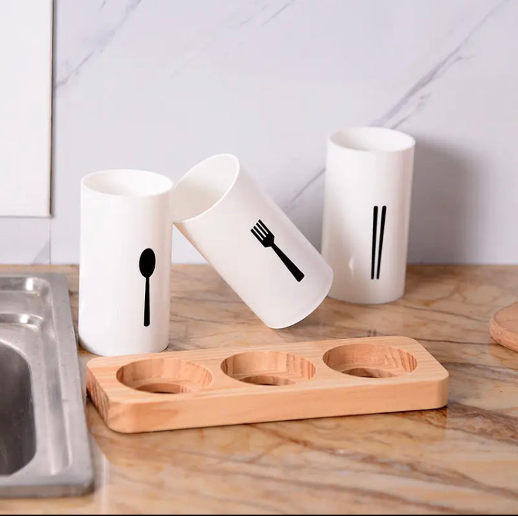 3-Grid Cutlery Holder with Wooden Stand Organizer