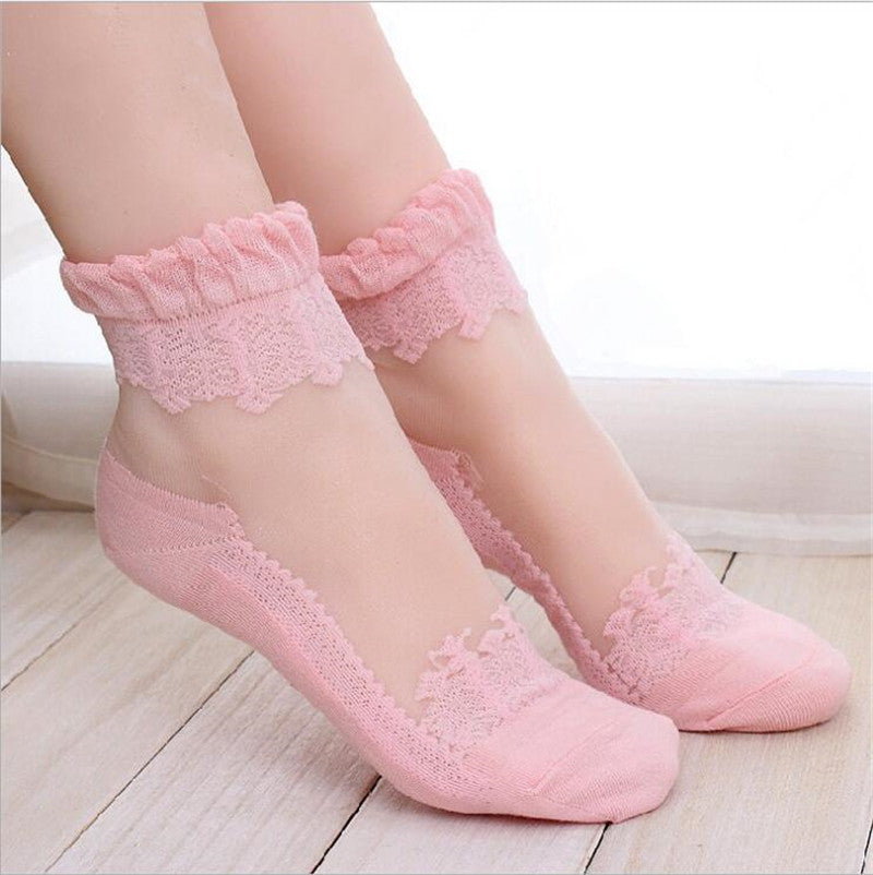Ultrathin Transparent Crystal Lace Elastic Short Socks for Women