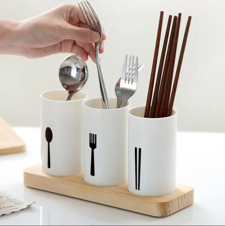 3-Grid Cutlery Holder with Wooden Stand Organizer