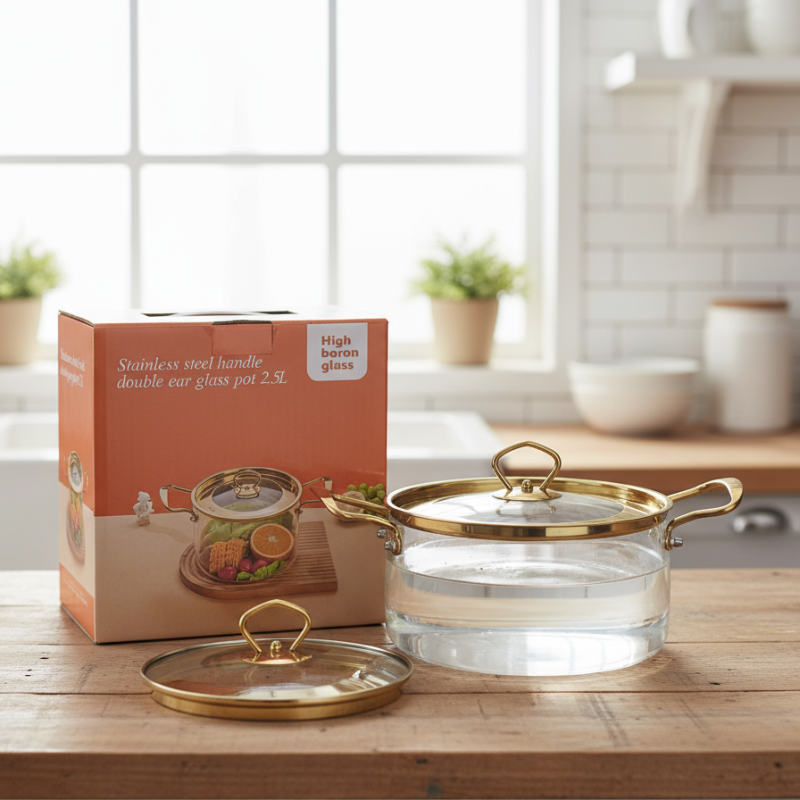Premium 2.5L Borosilicate Glass Cooking Pot with Golden Handles