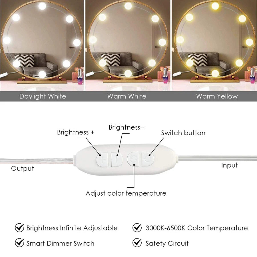 LED Vanity Mirror Lights Kits 3 Color 10 Dimmable Bulbs Lighting