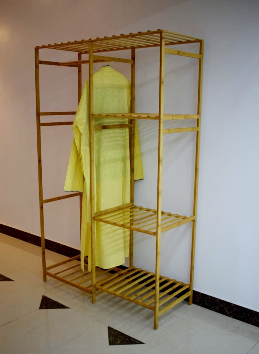 Bamboo Wardrobe Clothes Storage Organizer with Hanging Rack