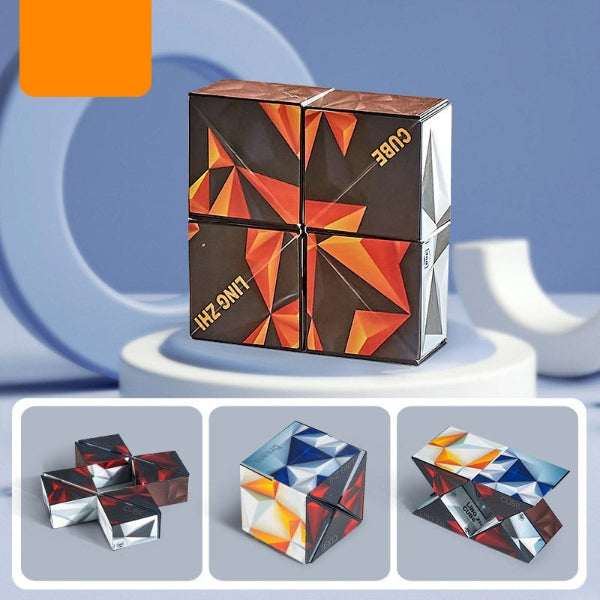 Geometric cube puzzle with colorful design on a blue background