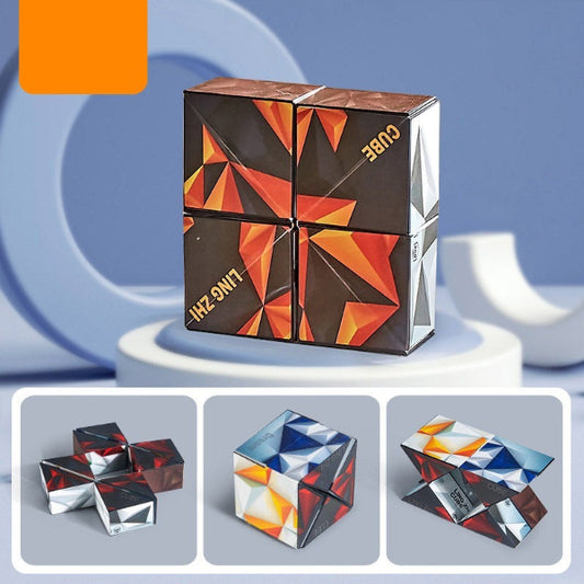 Geometric cube puzzle with colorful design on a blue background