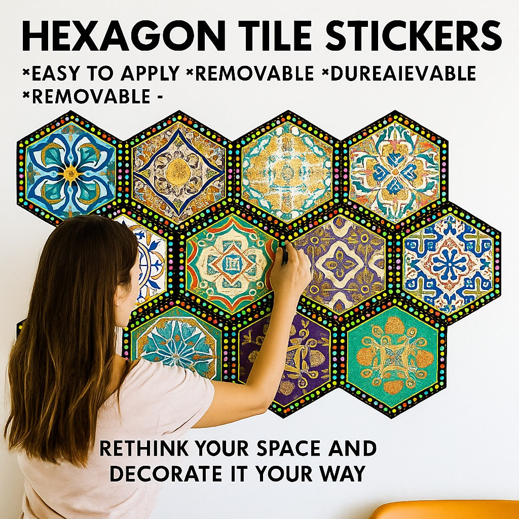 Woman applying hexagon tile stickers on a wall with text highlighting features and encouraging rethinking space decoration.