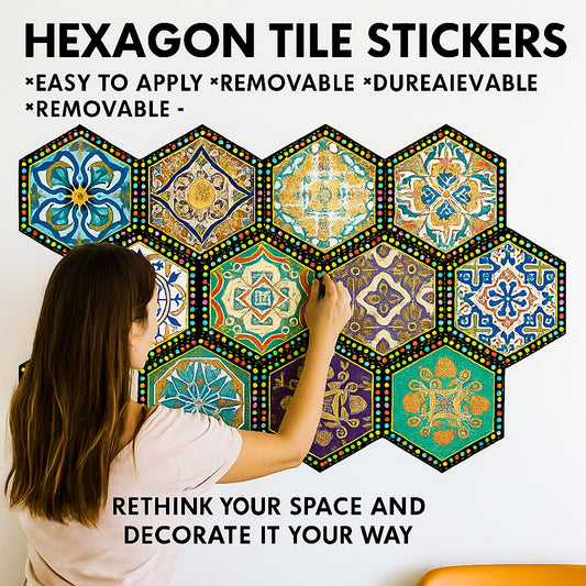 Woman applying hexagon tile stickers on a wall with text highlighting features and encouraging rethinking space decoration.