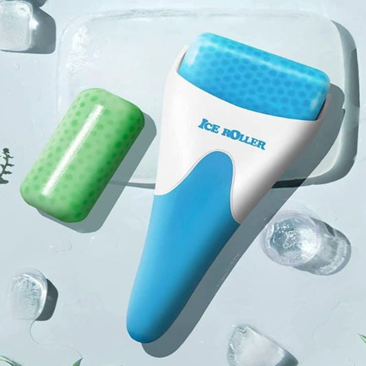 Blue and white ice roller with green roller on a light gray background