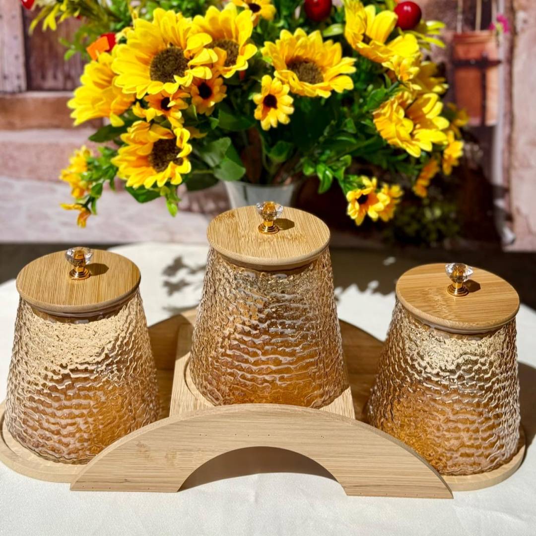 3Pcs Glass Jar Set with Wooden Stand – Fancy Storage
