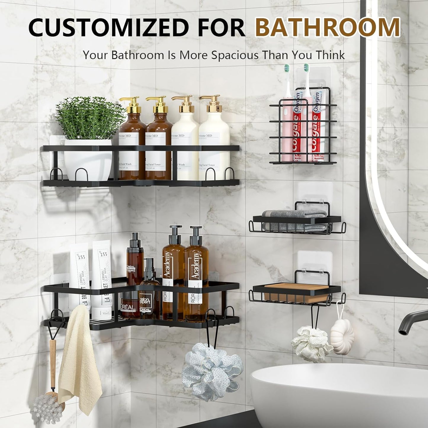 Set of 5 Stainless Steel Mesh Shower Shelves – Wall Storage Racks