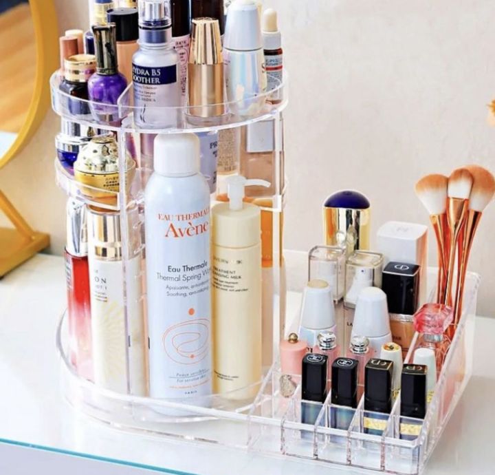 360° Rotating Makeup Organizer with Lipstick Tray